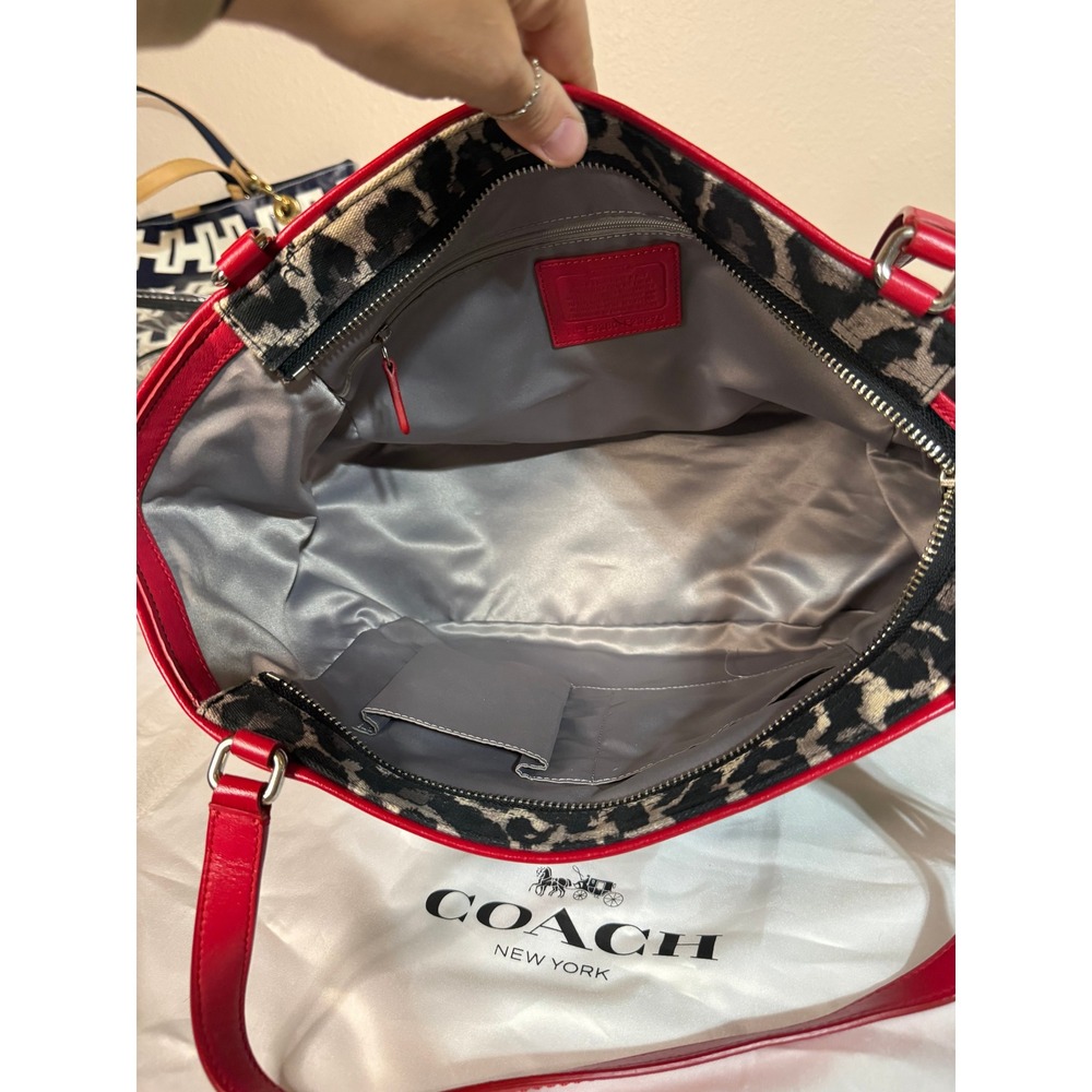 Coach Ocelot Leopard Print Canvas Red Leather Trim Tote Bag Handbag - Picture 4 of 5